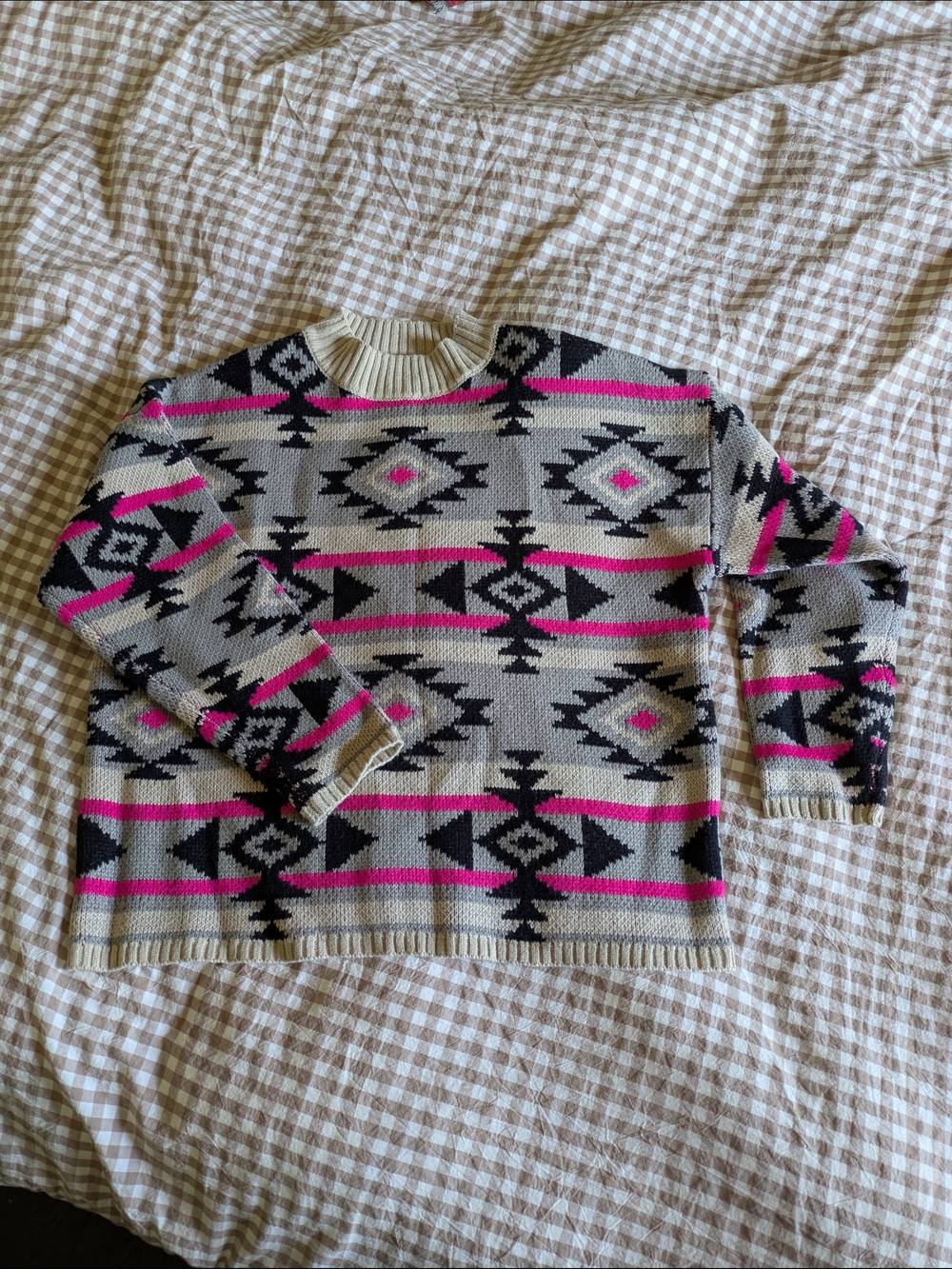 Savanna Jane Cream, Gray & Bright Pink Aztec Crew Sweater